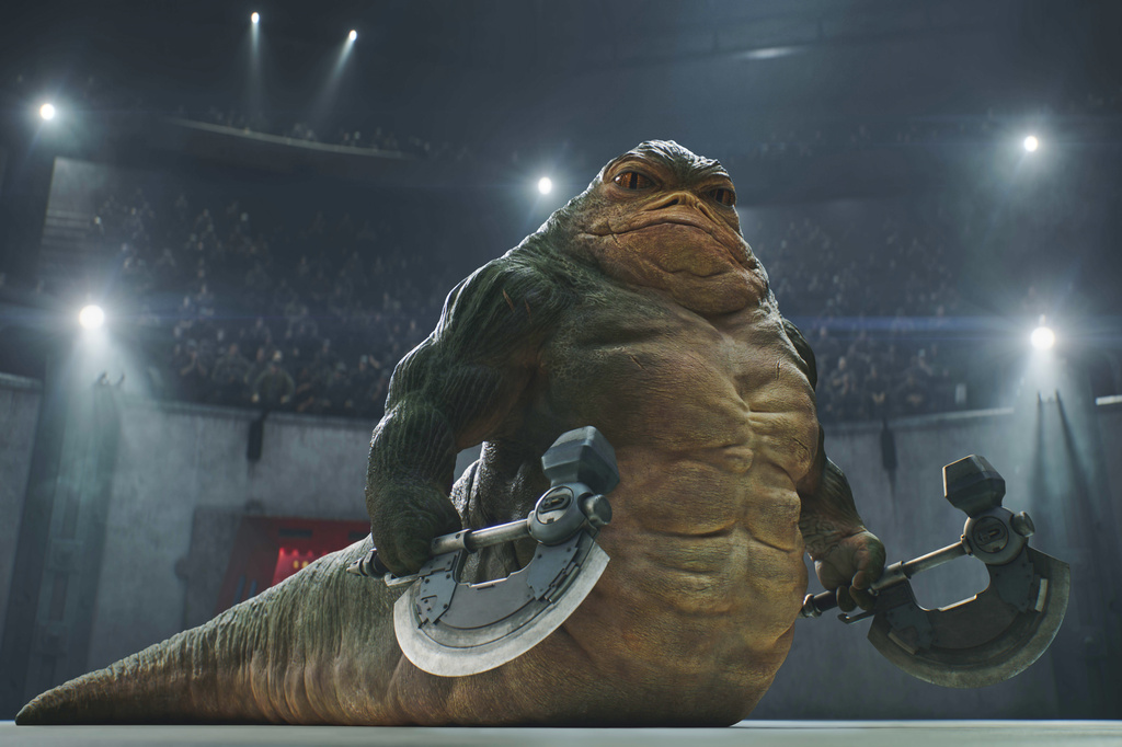 This image released by Disney shows Rotta the Hutt, voiced by Jeremy Allen White, in a scene from Lucasfilm's "Star Wars: The Mandalorian and Grogu." (Lucasfilm Ltd. - Disney via AP)