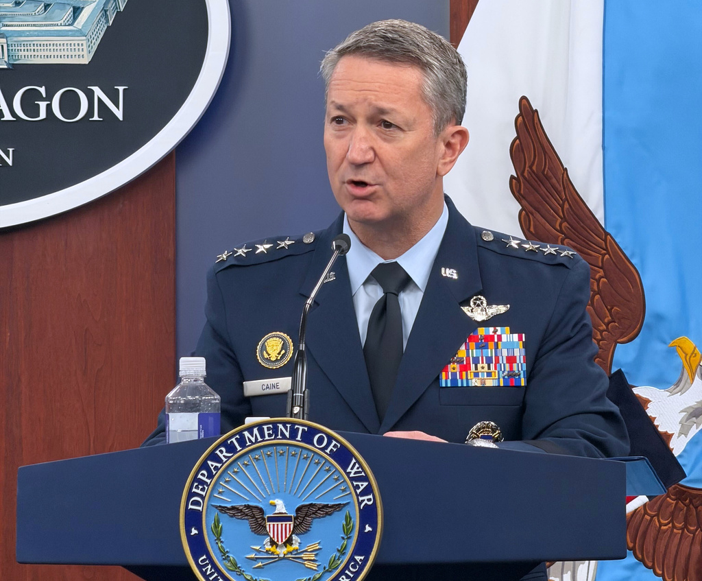 Chairman of the Joint Chiefs of Staff Gen. Dan Caine, speaks during a press briefing at the Pentagon, Wednesday, March 4, 2026, in Washington. (AP Photo/Konstantin Toropin)