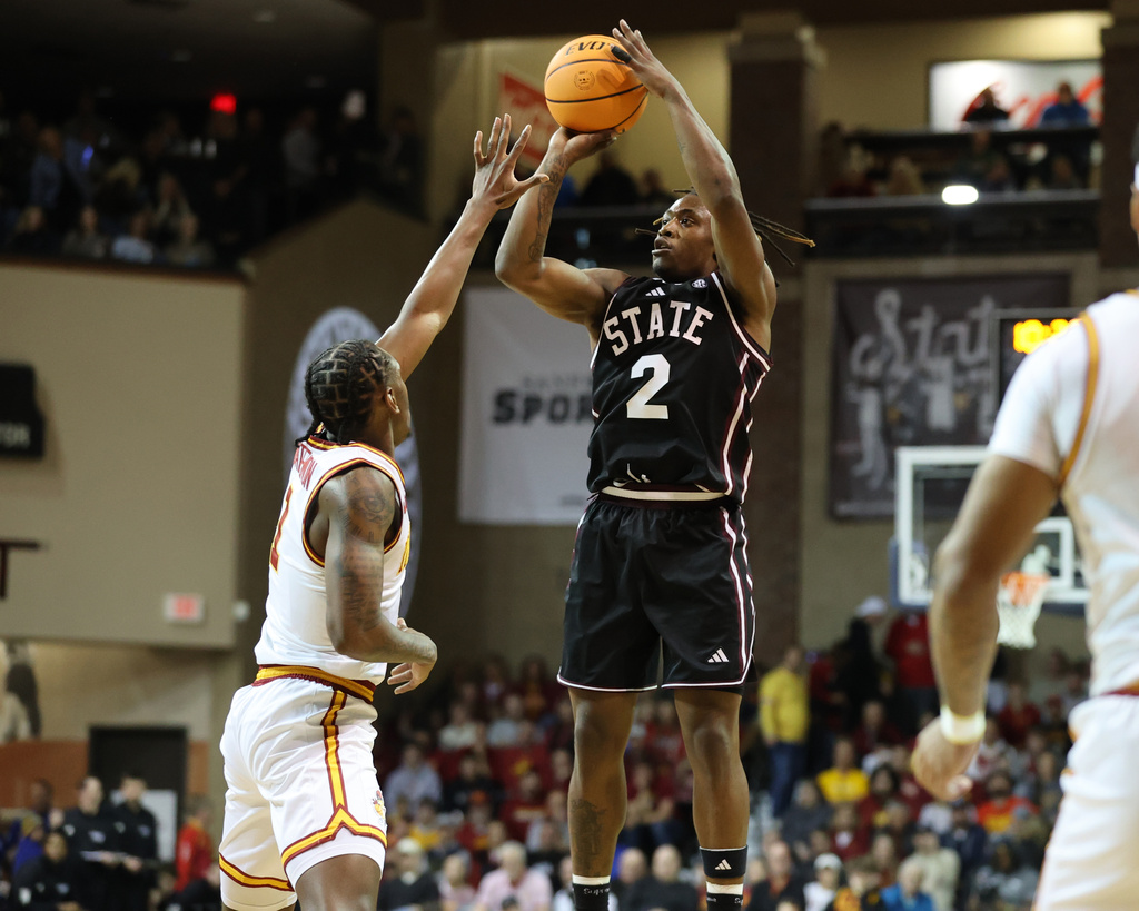 Mississippi State guard Ja'Borri McGhee (2) goes up to shoot during the first half of an NCAA college basketball game against Iowa State, Monday, Nov. 10, 2025, in Sioux Falls, S.D. (AP Photo/Josh Jurgens)