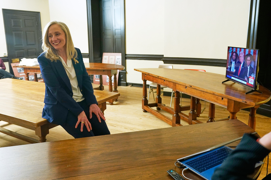 Virginia Gov. Abigail Spanberger watches President Donald Trump's State of the Union address Tuesday, Feb. 24, 2026, in Williamsburg, Va. Spanberger will deliver the Democratic response after the address. (AP Photo/Steve Helber, Pool)