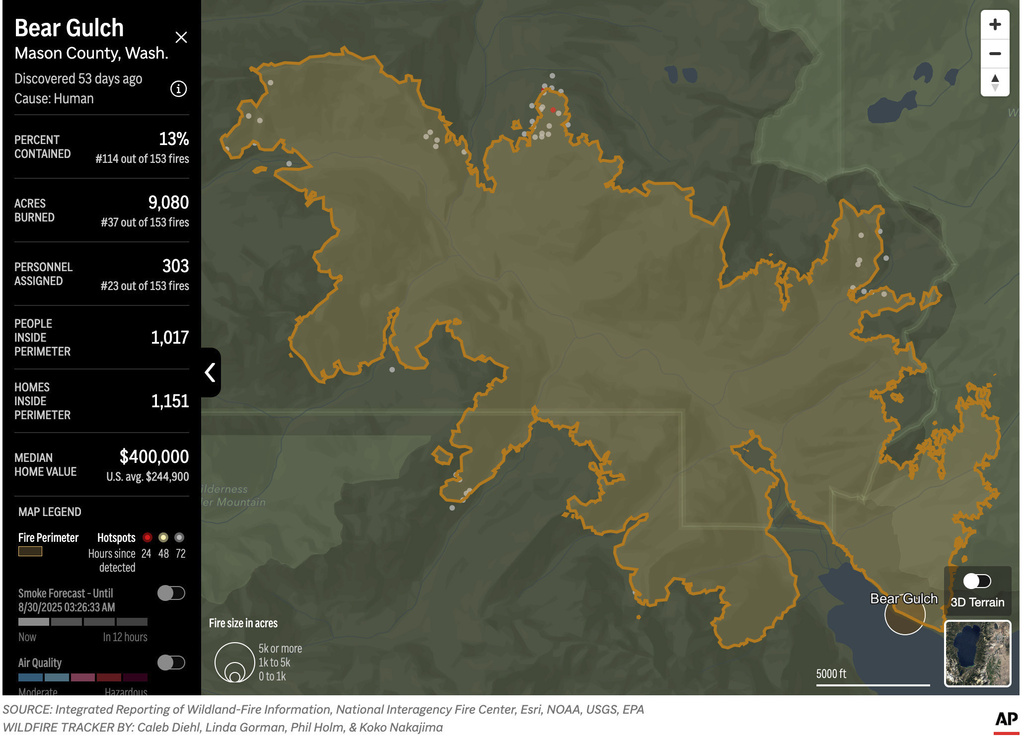 The map above shows the perimeter of the Bear Gulch wildfire in Mason County, Wash. (AP Digital Embed)