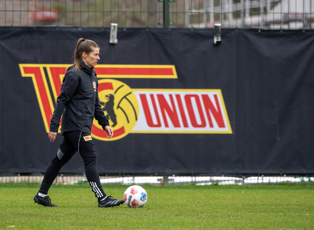 Union Berlin's interim head coach Marie-Louise Eta attends a training session in Berlin, Tuesday, April 14, 2026. (Matthias Koch/dpa via AP)