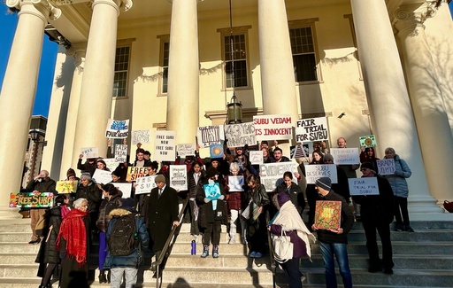 Supporters of Subramanyam “Subu” Vedam demonstrate outside the Centre County Courthouse in Bellefonte, Pa,, on Feb. 7, 2025, after a hearing over new evidence uncovered in his 1983 murder case. (Geoff Rushton/StateCollege.com via AP) Supporters of Subramanyam “Subu” Vedam demonstrate outside the Centre County Courthouse in Bellefonte, Pa,, on Feb. 7, 2025, after a hearing over new evidence uncovered in his 1983 murder case. (Geoff Rushton/StateCollege.com via AP)
