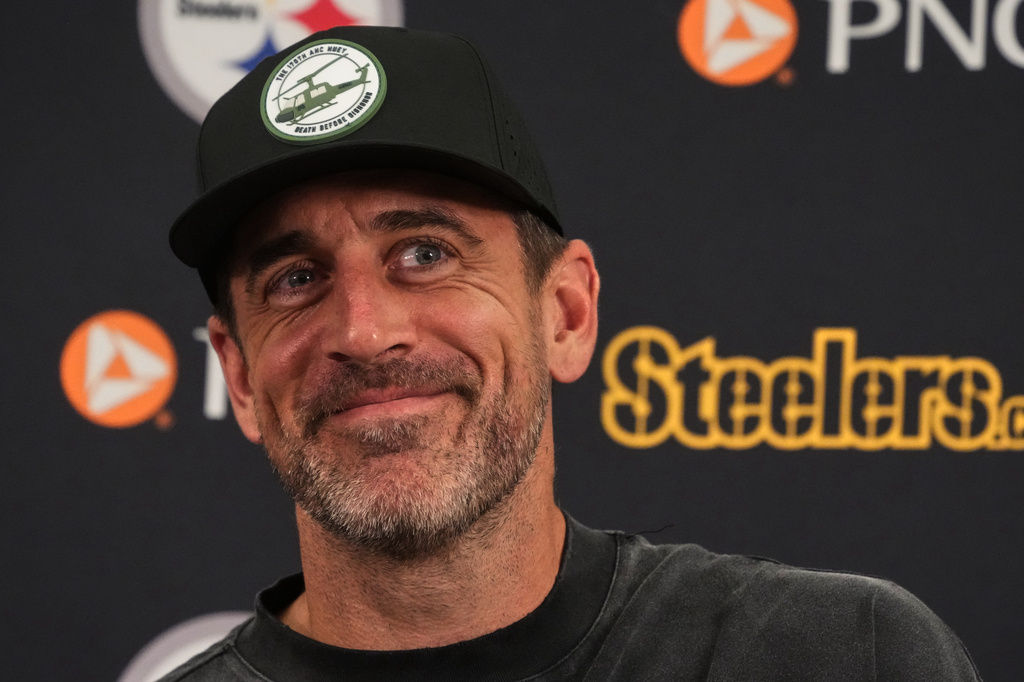 Pittsburgh Steelers quarterback Aaron Rodgers meets with reporters at the NFL football team's camp in Latrobe, Pa., Tuesday, July 28, 2026. (AP Photo/Gene J. Puskar)