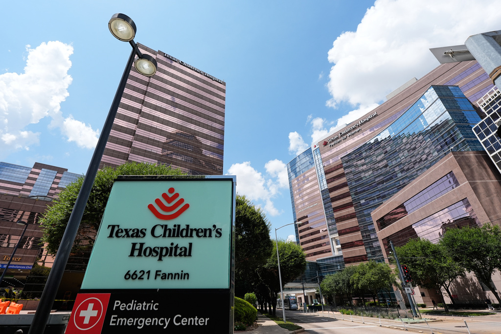 A portion of the Texas Children's Hospital campus is seen on Friday, Aug. 7, 2026, in Houston. (AP Photo/Ashley Landis)