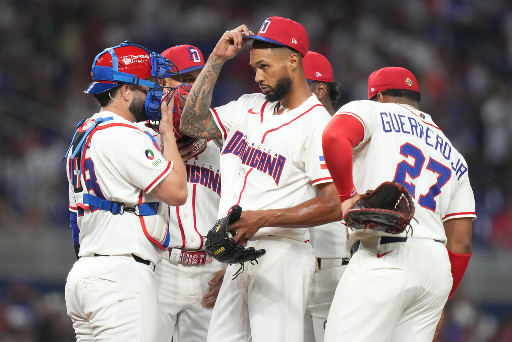 Dominican Republic pitcher Cristopher Sánchez stands on the mound with the bases loaded during the first inning of a World Baseball Classic game against Nicaragua, Friday, March 6, 2026, in Miami. (AP Photo/Lynne Sladky)