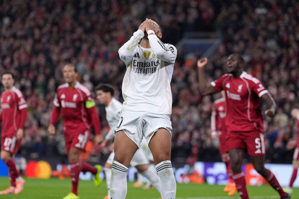 Real Madrid's Kylian Mbappe reacts during the Champions League soccer match between Liverpool and Real Madrid in Liverpool, England, Tuesday, Nov. 4, 2025. (Peter Byrne/PA via AP)