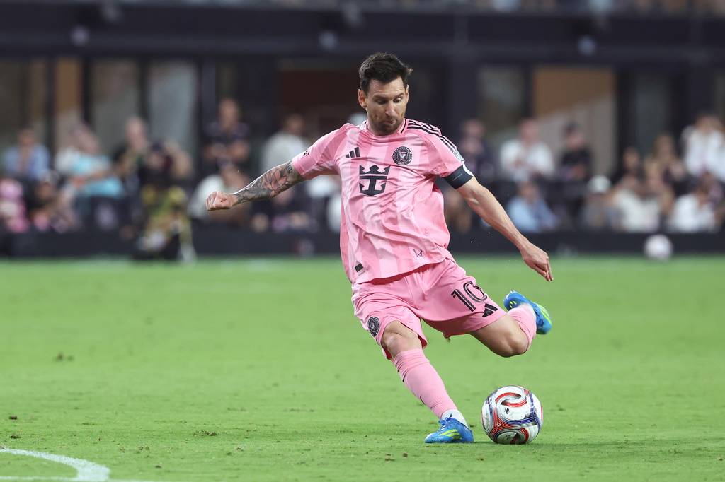 Inter Miami forward Lionel Messi attempts a free kick in the second half of an MLS soccer match against the New York Red Bulls, Saturday, April 11, 2026, in Miami. (AP Photo/Peter Joneleit)