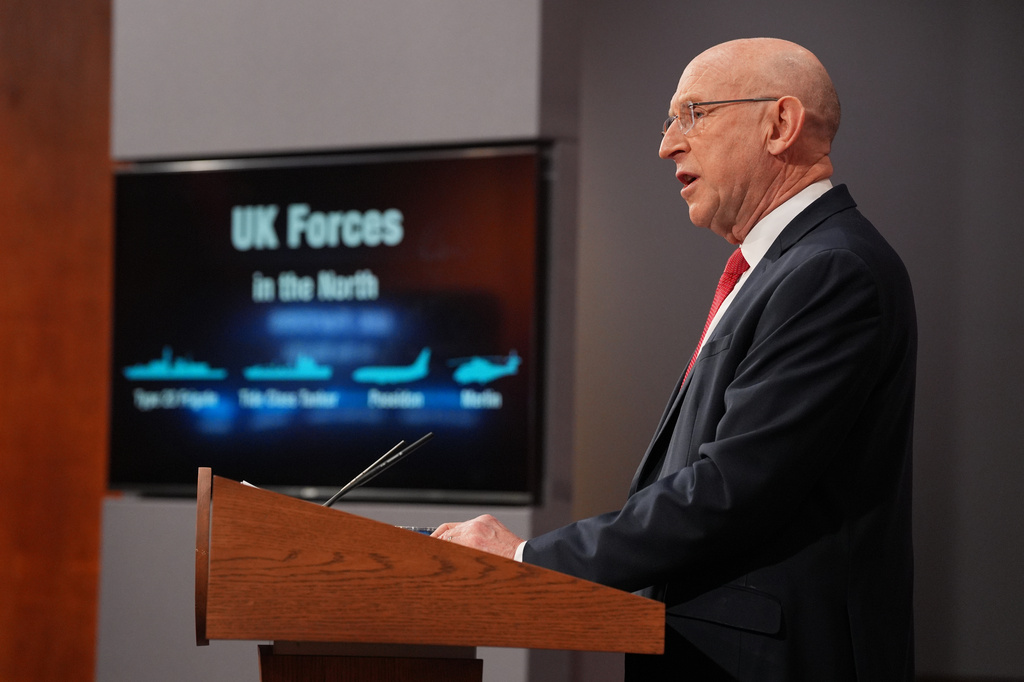 Britain's Defence Secretary John Healey delivers a statement on recent UK operational activity at 9 Downing Street in Westminster, central London, Thursday April 9, 2026. (Yui Mok/Pool Photo via AP)