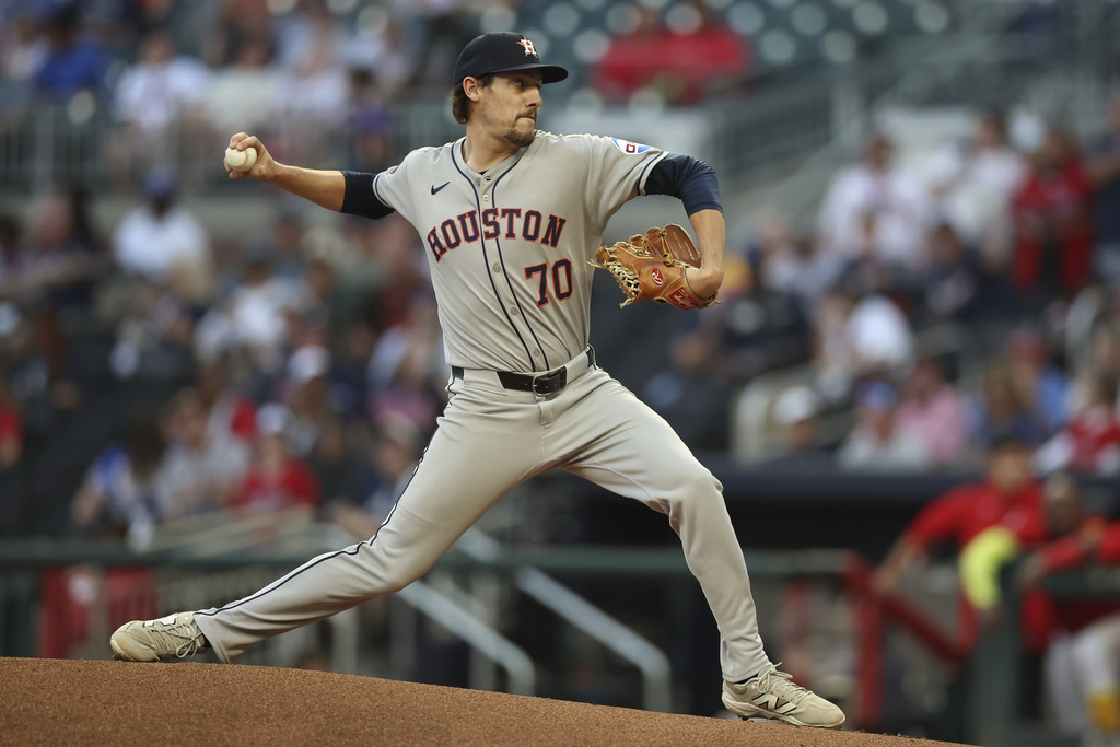 Houston Astros pitcher Jayden Murray (70) delivers in the first inning of a baseball game against the Atlanta Braves, Friday, Sept. 12, 2025, in Atlanta. (AP Photo/Colin Hubbard)