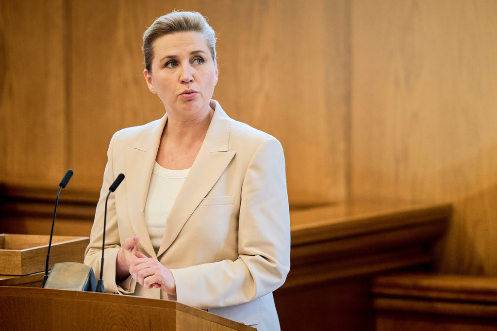 Danish Prime Minister Mette Frederiksen speaks in the Folketing hall, the Danish parliament, in Copenhagen, Thursday, Feb. 26, 2026. (Thomas Traasdahl/Ritzau Scanpix via AP)