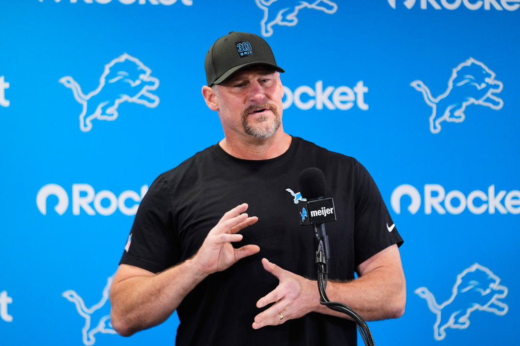 Detroit Lions head coach Dan Campbell talks to the media before an NFL football practice in Allen Park, Mich., Wednesday, July 29, 2026. (AP Photo/Paul Sancya)