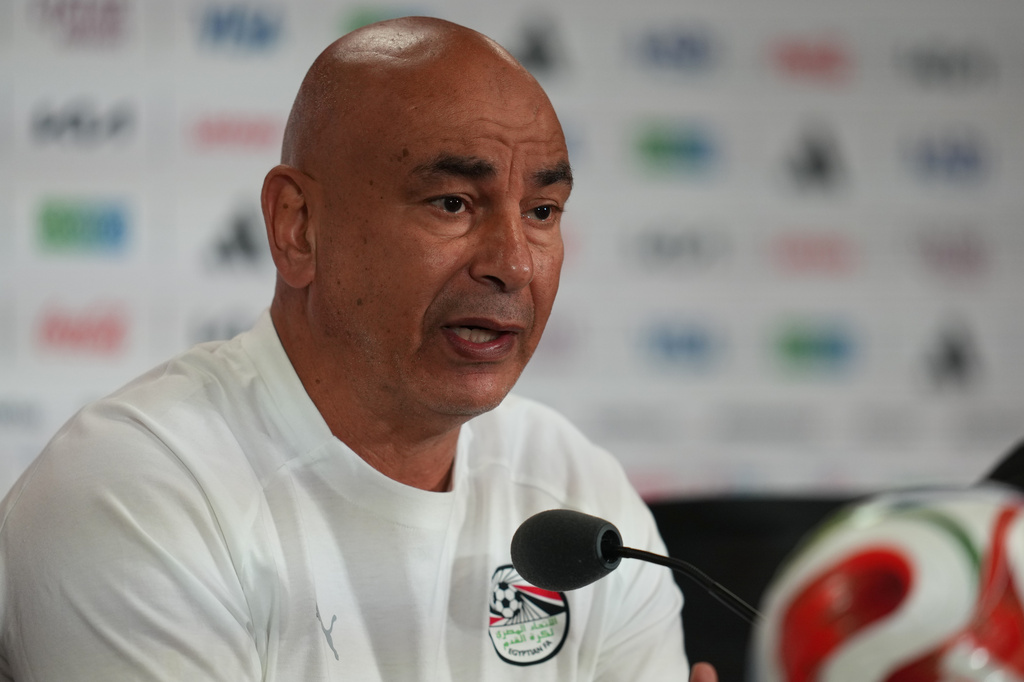 Egypt head coach Hossam Hassan Hussein speaks during a press conference on the eve of the team's World Cup soccer match against New Zealand, Saturday, June 20, 2026 in Vancouver, British Columbia. (AP Photo/Abbie Parr)