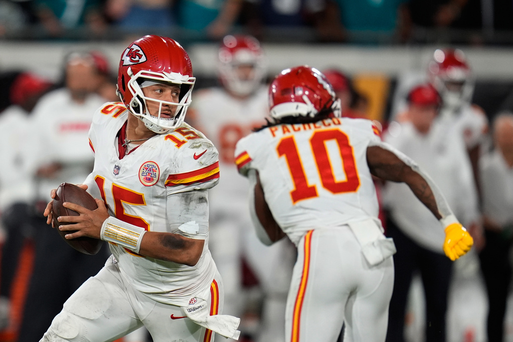 Kansas City Chiefs quarterback Patrick Mahomes (15) looks to pass during the second half of an NFL football game against the Jacksonville Jaguars, Monday, Oct. 6, 2025, in Jacksonville, Fla. (AP Photo/John Raoux)