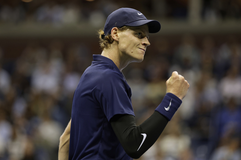 Jannik Sinner, of Italy, reacts during a match against Lorenzo Musetti, of Italy, the quarterfinal round of the U.S. Open tennis championships, Wednesday, Sept. 3, 2025, in New York. (AP Photo/Adam Hunger)