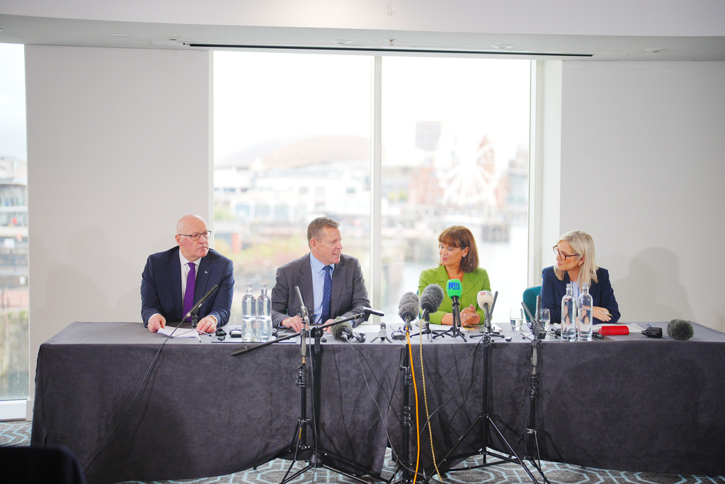 From left, First Minister of Scotland John Swinney, First Minister of Wales Rhun ap Iorwerth, Sinn Fein leader Mary Lou McDonald and First Minister of Northern Ireland Michelle O'Neill, during a meeting to discuss the "pursuit of a different attitude" from the UK Government and the future of independence for their respective countries, in Cardiff, Wales, Monday, Sept. 14, 2026. (Ben Birchall/PA via AP)