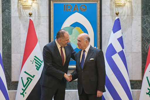 Iraqi Foreign Minister Fuad Hussein, right, shakes hands with his Greek counterpart George Gerapetritis, in Baghdad, Iraq, Thursday, Oct. 30, 2025. (AP Photo/Hadi Mizban) Iraqi Foreign Minister Fuad Hussein, right, shakes hands with his Greek counterpart George Gerapetritis, in Baghdad, Iraq, Thursday, Oct. 30, 2025. (AP Photo/Hadi Mizban)
