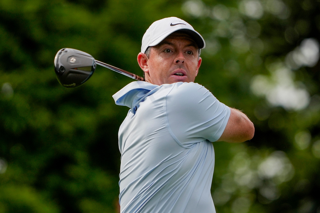 Rory McIlroy, of Northern Ireland, hits from the 16th tee during second round of the Truist Championship golf tournament at the Quail Hollow Club, Friday, May 8, 2026, in Charlotte, N.C. (AP Photo/Chris Carlson)