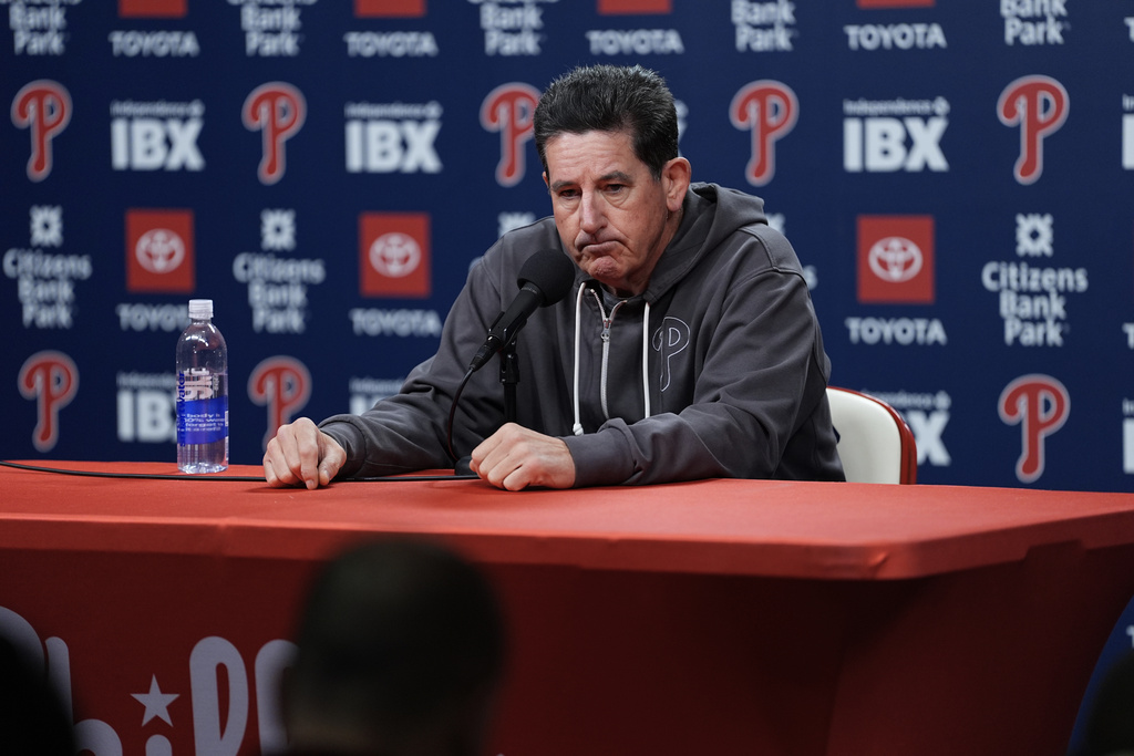 Philadelphia Phillies manager Rob Thomson speaks during a baseball news conference, Thursday, Oct. 16, 2025, in Philadelphia. (AP Photo/Matt Rourke)