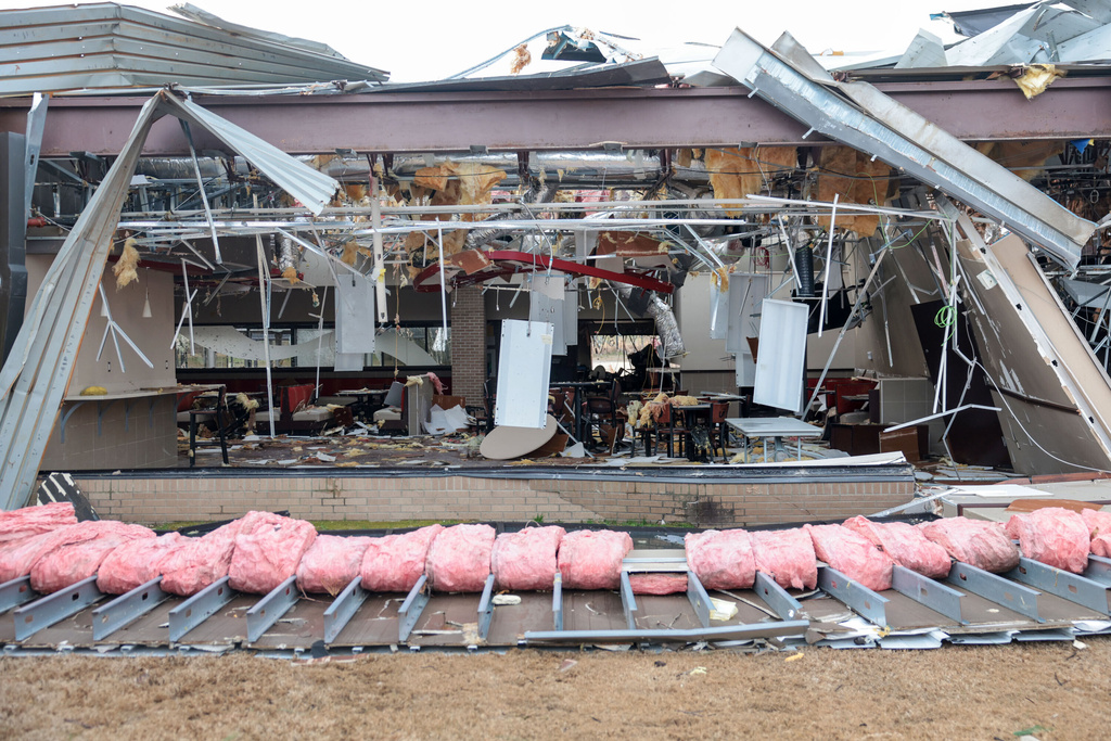 The Tulsa Tech Peoria Campus damaged by a Friday night storm is shown Saturday, March 7, 2026 in Tulsa, Okla. (Mike Simons /Tulsa World via AP)