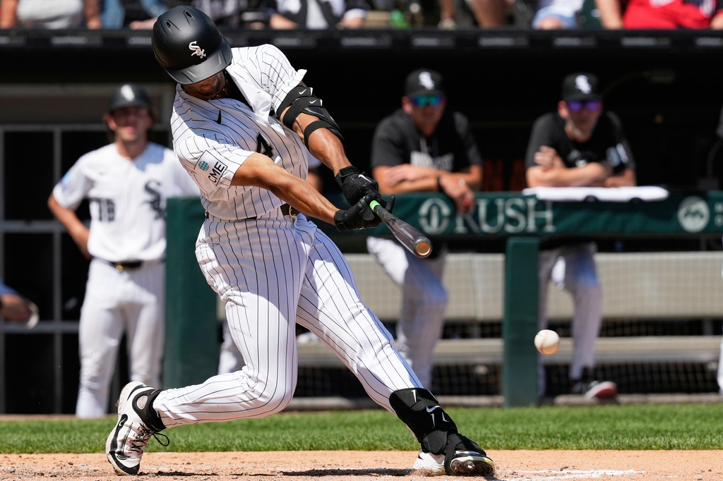 Chicago White Sox's Braden Montgomery hits a one-run single during the fifth inning of a baseball game against the Athletics in Chicago, Sunday, July 12, 2026. (AP Photo/Nam Y. Huh)
