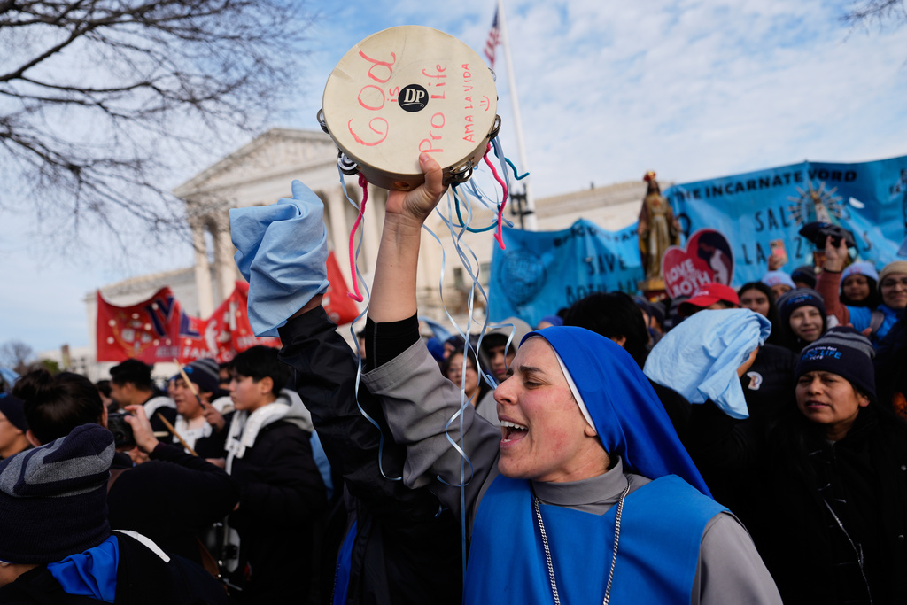 Anti-abortion demonstrators end the annual March for Life in front of the Supreme Court in Washington, Friday, Jan. 23, 2026. (AP Photo/Julia Demaree Nikhinson)