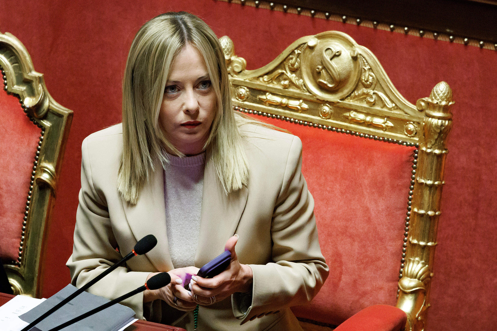 Italian Premier Giorgia Meloni addresses the Senate ahead of the upcoming European Council, in Rome, Wednesday, Oct. 21, 2025. (Roberto Monaldo/LaPresse via AP)