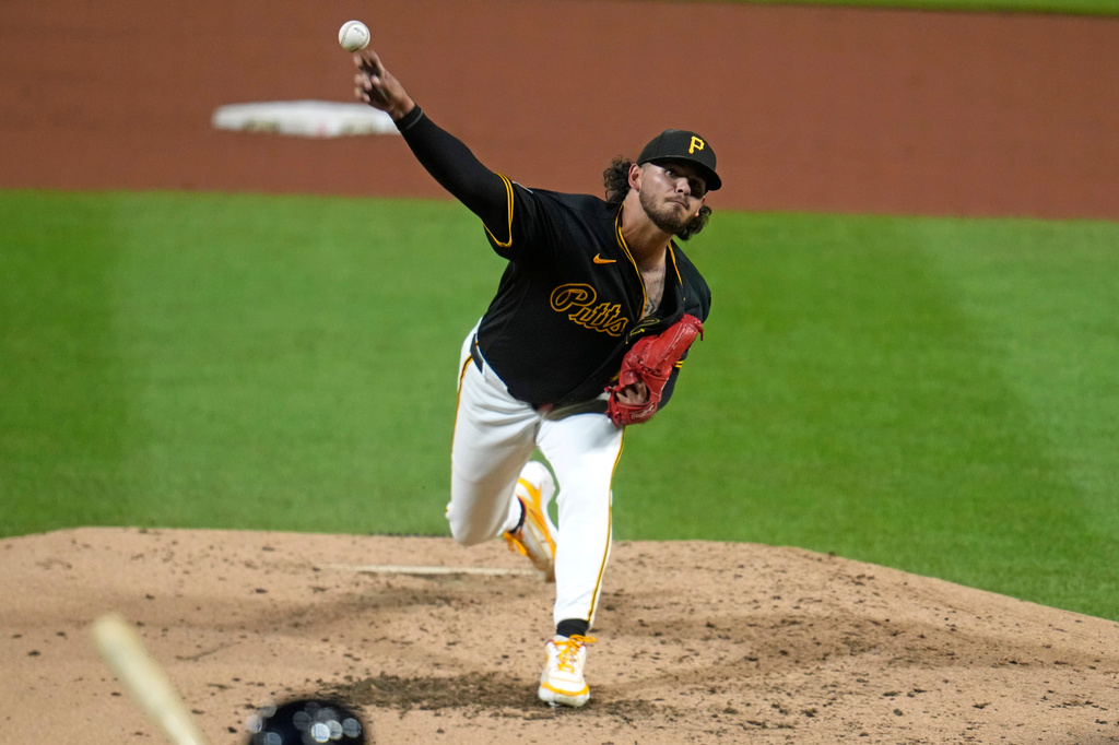 Pittsburgh Pirates pitcher Jared Jones delivers during the sixth inning of a baseball game against the St. Louis Cardinals in Pittsburgh, Tuesday, Sept. 22, 2026. (AP Photo/Gene J. Puskar)