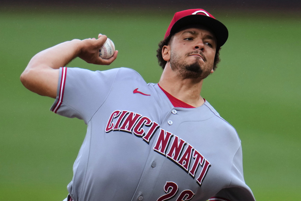 Cincinnati Reds pitcher Chase Burns delivers during the first inning of a baseball game against the Pittsburgh Pirates in Pittsburgh, Saturday, June 27, 2026. (AP Photo/Gene J. Puskar)