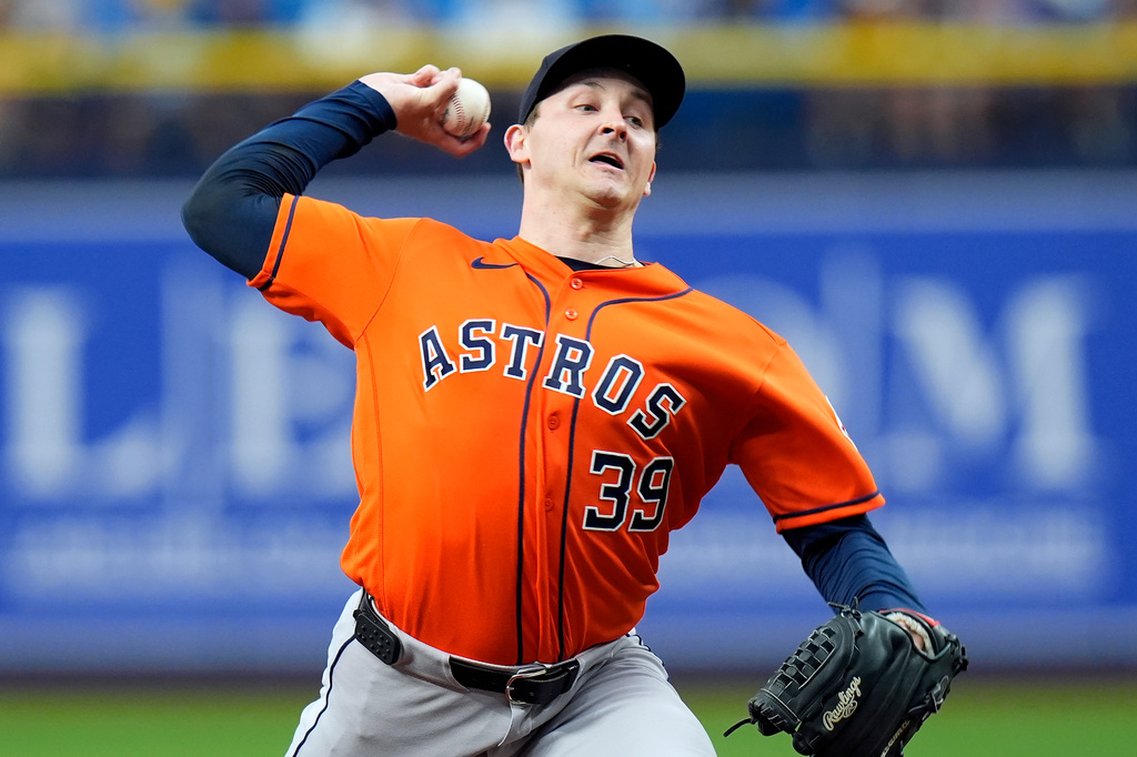 Houston Astros pitcher Hayden Wesneski delivers to the Tampa Bay Rays during the first inning of a baseball game Sunday, Sept. 13, 2026, in St. Petersburg, Fla. (AP Photo/Chris O'Meara)