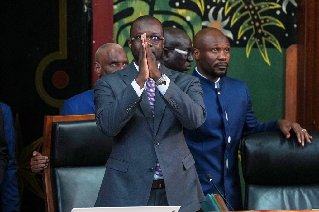 Ousmane Sonko arrives to deliver a speech following his election as President of the National Assembly in Dakar, Senegal, Tuesday, May 26, 2026. (AP Photo/Misper Apawu) CORRECTION: Name corrected to Ousmane instead of Ousman