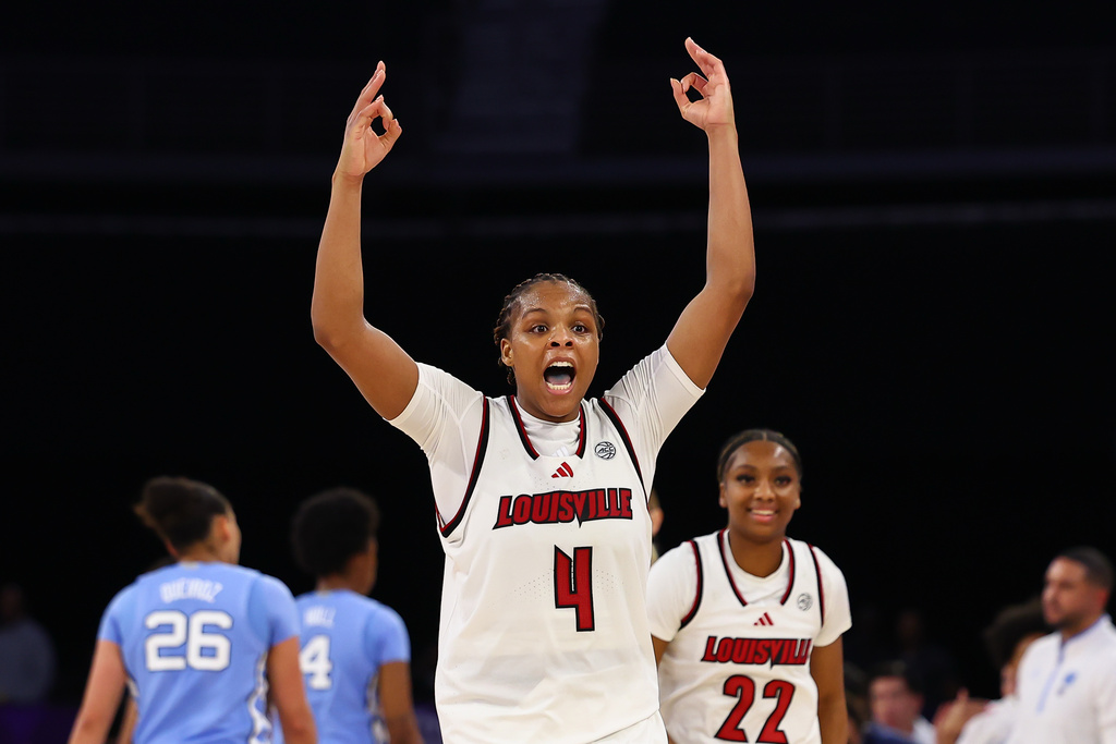 Louisville forward MacKenly Randolph (4) reacts during the second half of an NCAA college basketball game in the semifinals of the Atlantic Coast Conference tournament against North Carolina, Saturday, March 7, 2026, in Duluth, Ga. (AP Photo/Colin Hubbard)