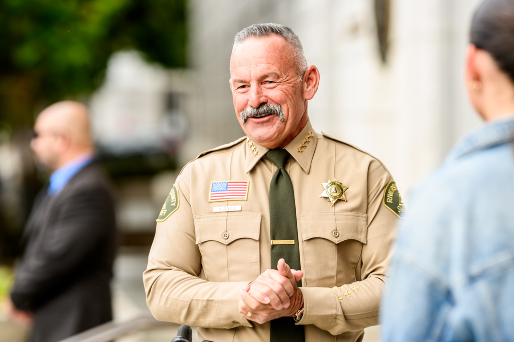 Riverside County Sheriff Chad Bianco arrives at the Supreme Court of California for a hearing about his seizure and recount of more than half a million 2025 election ballots on Monday, Aug. 24, 2026, in San Francisco. (AP Photo/Noah Berger)