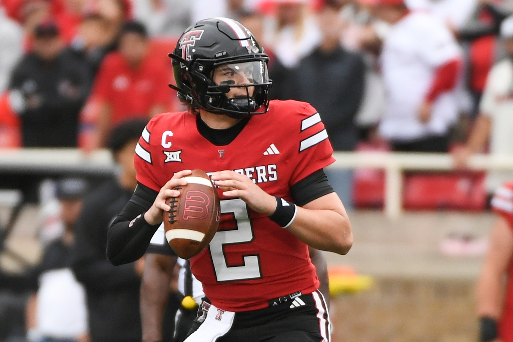 Texas Tech quarterback Behren Morton (2) looks to pass against Kent State during the first half of an NCAA college football game Saturday, Sept. 6, 2025, in Lubbock, Texas. (AP Photo/Justin Rex)