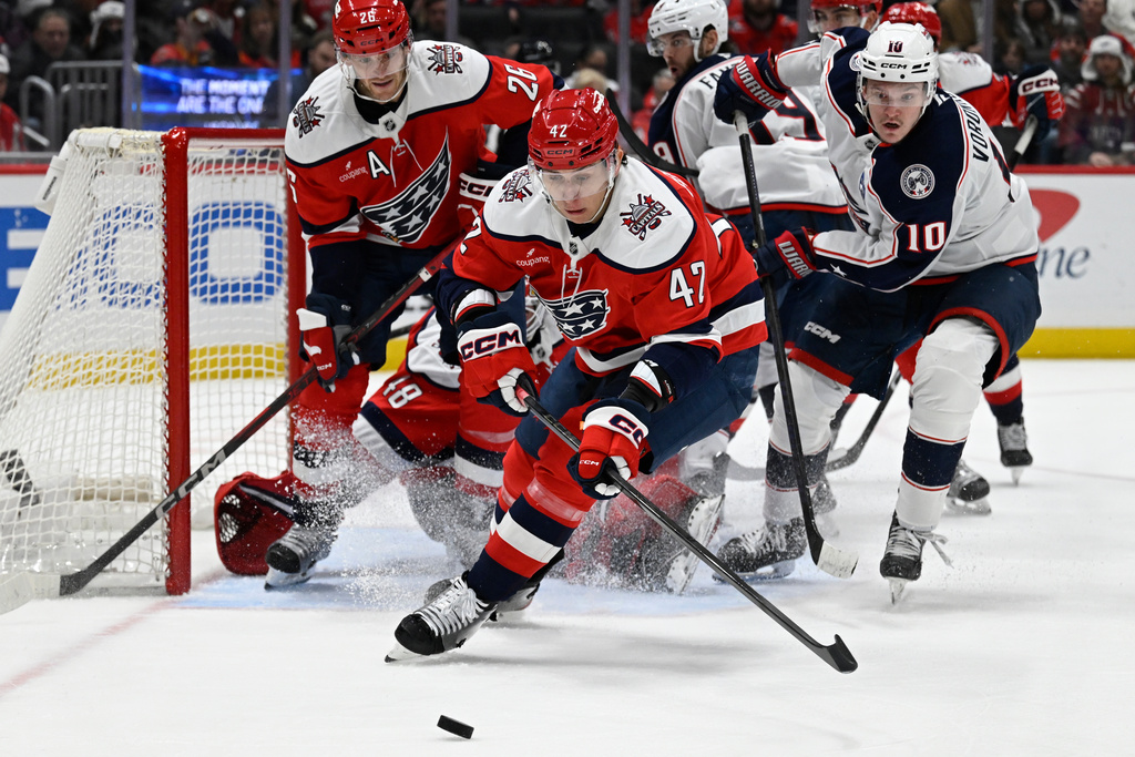 Washington Capitals defenseman Martin Fehérváry (42) pursues the puck in front of the net during the second period of an NHL hockey game against the Columbus Blue Jackets, Sunday, Dec. 7, 2025, in Washington. (AP Photo/John McDonnell)