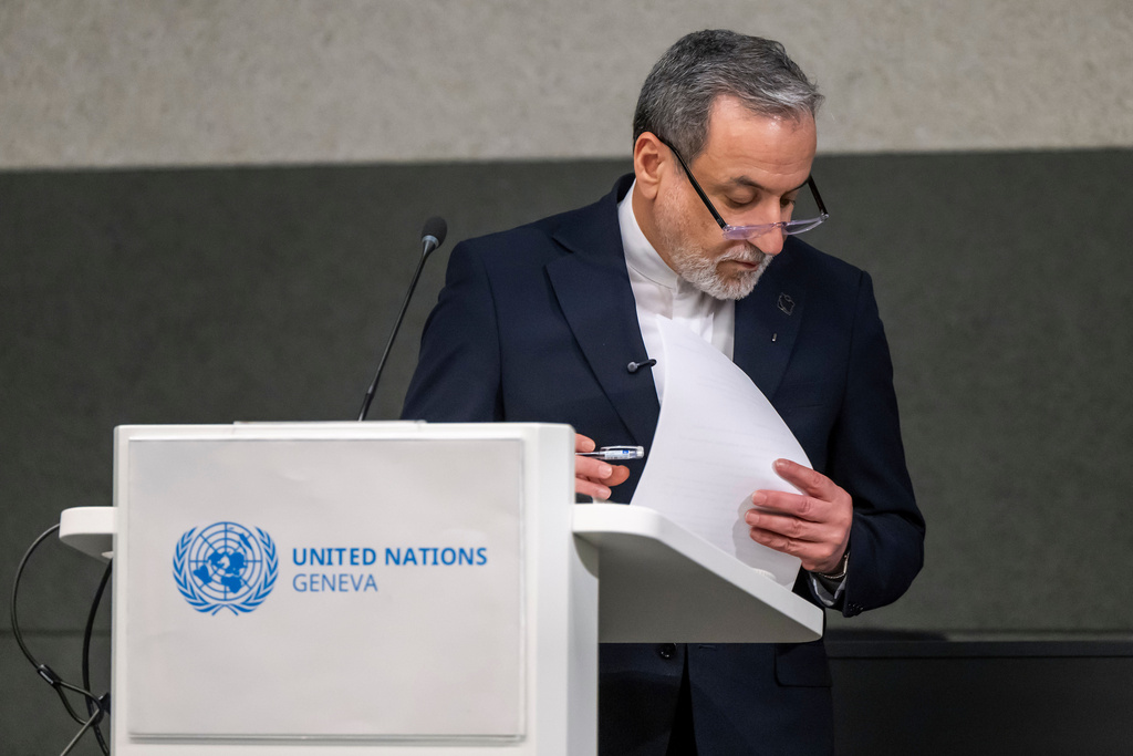 Iranian Foreign Minister Abbas Araghchi, leaves after speaking during the Conference on Disarmament, at the European headquarters of the United Nations in Geneva, Switzerland, Tuesday, Feb. 17, 2026. (Martial Trezzini/Keystone via AP)