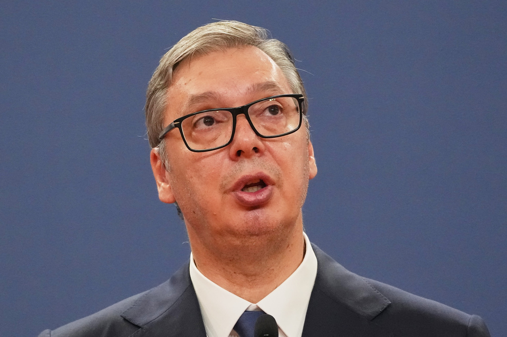 Serbian President Aleksandar Vucic speaks during a press conference with Ukraine's President Volodymyr Zelenskyy at the Serbia Palace, in Belgrade, Serbia, Saturday, Aug. 8, 2026. (AP Photo/Darko Vojinovic)