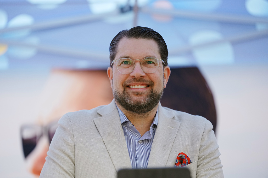 Sweden Democrats party leader Jimmie Åkesson (SD) presents the party's election manifesto for 2026 at Stora torget in Nyköping, Sweden, Monday, Sept. 7, 2026. (Magnus Lejhall/TT News Agency via AP)