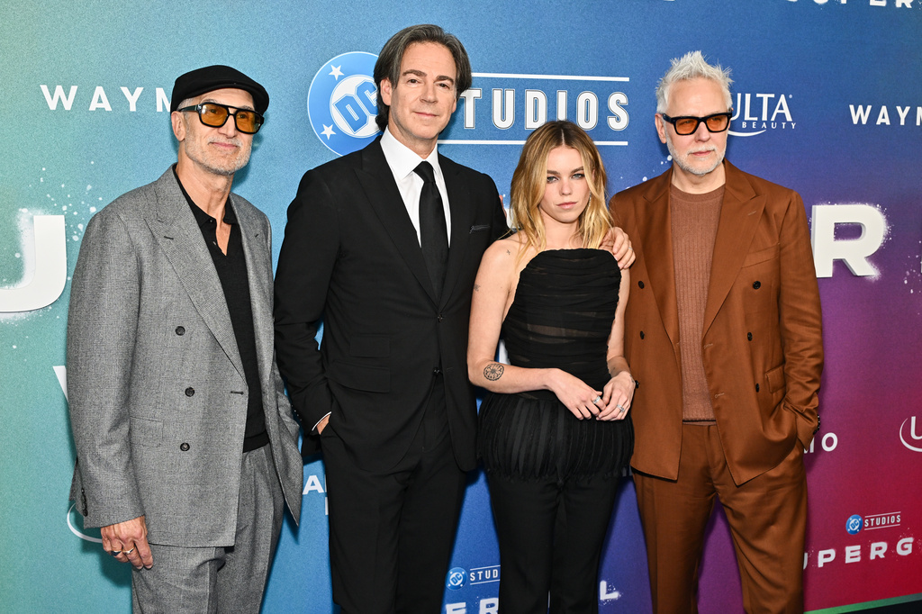 Director Craig Gillespie, from left, Peter Safran, Milly Alcock, and James Gunn attend the DC Studios' world premiere of "Supergirl" at The Plaza at 300 Ashland on Monday, June 22, 2026, in New York. (Photo by Evan Agostini/Invision/AP)