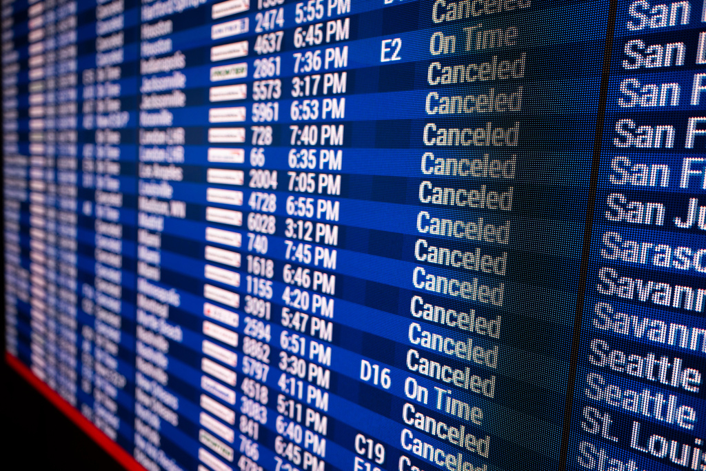 Rows of cancelled flights are displayed at the Philadelphia International Airport on Monday, Feb. 23, 2026 in Philadelphia. (AP Photo/Joe Lamberti)