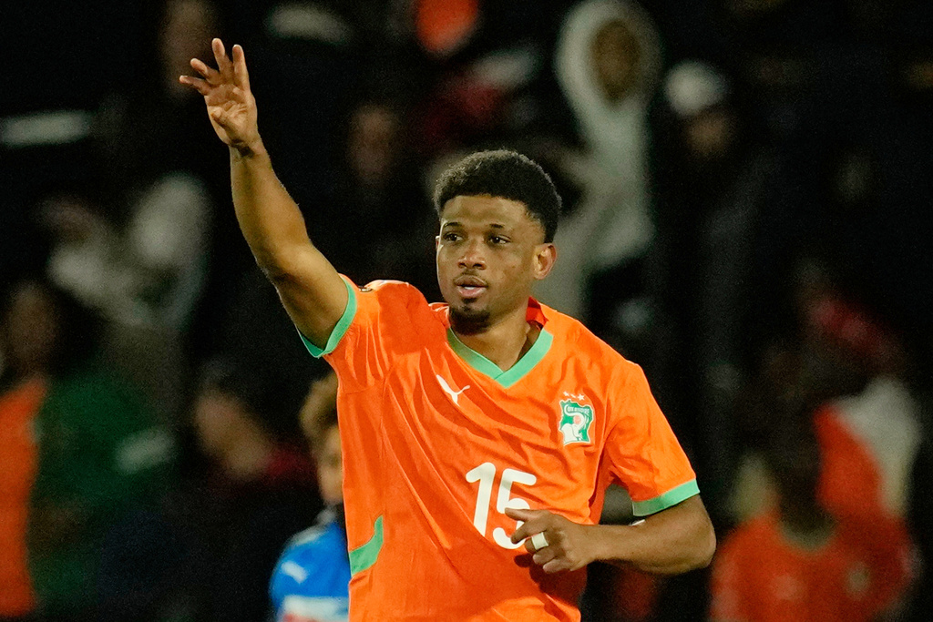 FILE - Ivory Coast's Amad Diallo celebrates after scoring a goal during the Africa Cup of Nations group F soccer match between Ivory Coast and Cameroon, in Marrakech, Morocco, Sunday, Dec. 28, 2025. (AP Photo/Themba Hadebe, File)
