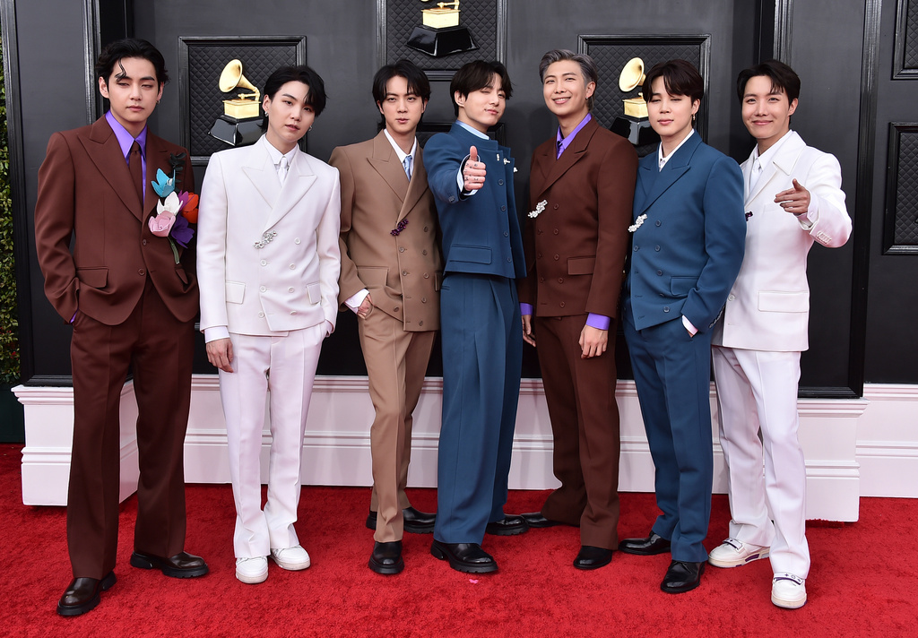 FILE - Korean group BTS appears at the 64th Annual Grammy Awards in Las Vegas on April 3, 2022. (Photo by Jordan Strauss/Invision/AP, File)