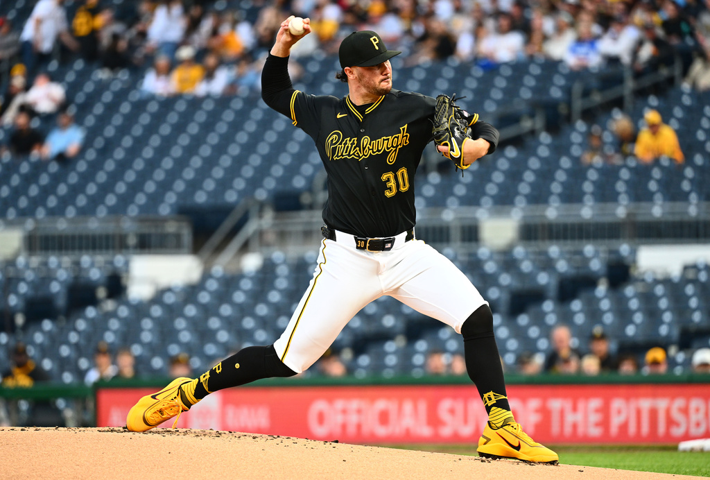 Pittsburgh Pirates pitcher Paul Skenes delivers during the first inning of a baseball game against the Colorado Rockies in Pittsburgh, Tuesday, May 12, 2026. (AP Photo/Justin Berl)
