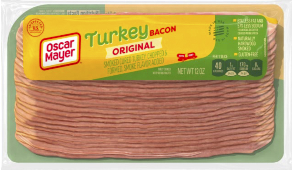 This image provided by the USDA on Wednesday, July 2, 2025, shows the packaging of recalled Oscar Mayer turkey bacon. (USDA via AP)