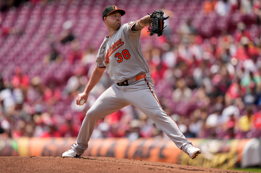 Baltimore Orioles pitcher Kyle Bradish throws during the first inning of a baseball game against Cincinnati Reds in Cincinnati, Sunday, July 5, 2026. (AP Photo/Carolyn Kaster)