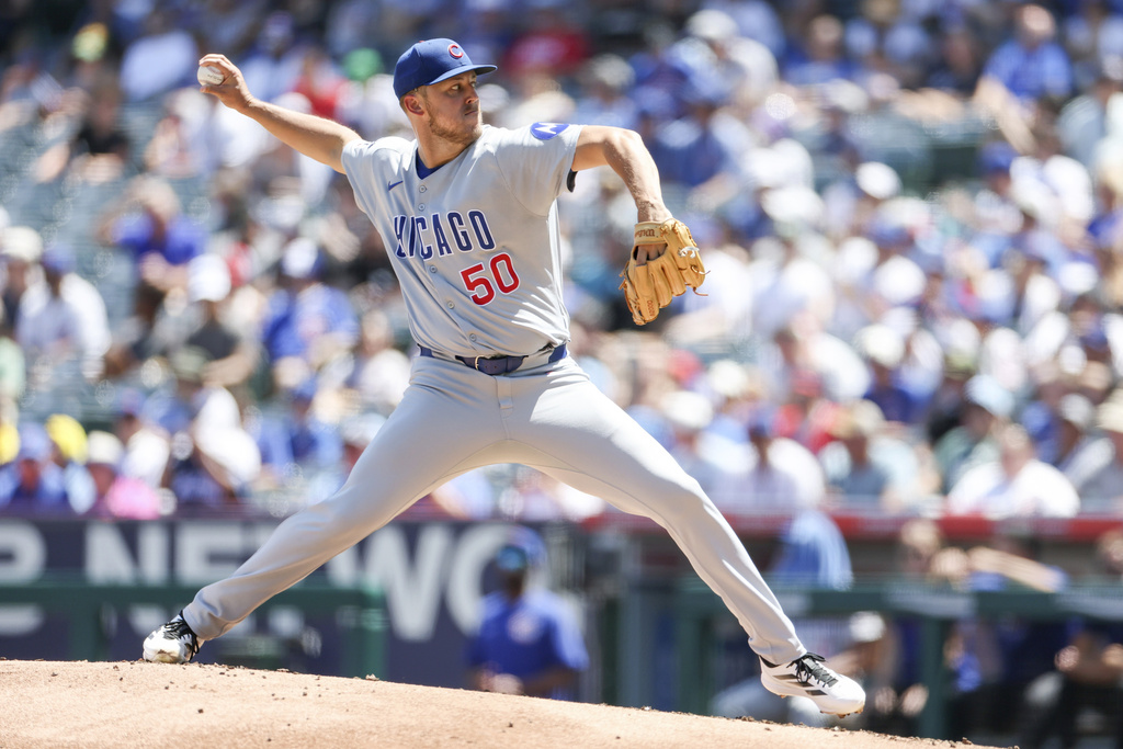 Chicago Cubs starting pitcher Jameson Taillon delivers during the first inning of a baseball game against the Los Angeles Angels, Sunday, Aug. 24, 2025, in Anaheim, Calif. (AP Photo/Eric Thayer)
