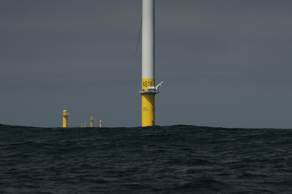 Turbine bases are visible at Sunrise Wind offshore wind farm that is under construction off the coast of Montauk Point, New York, Thursday, April 23, 2026. (AP Photo/Joshua A. Bickel)