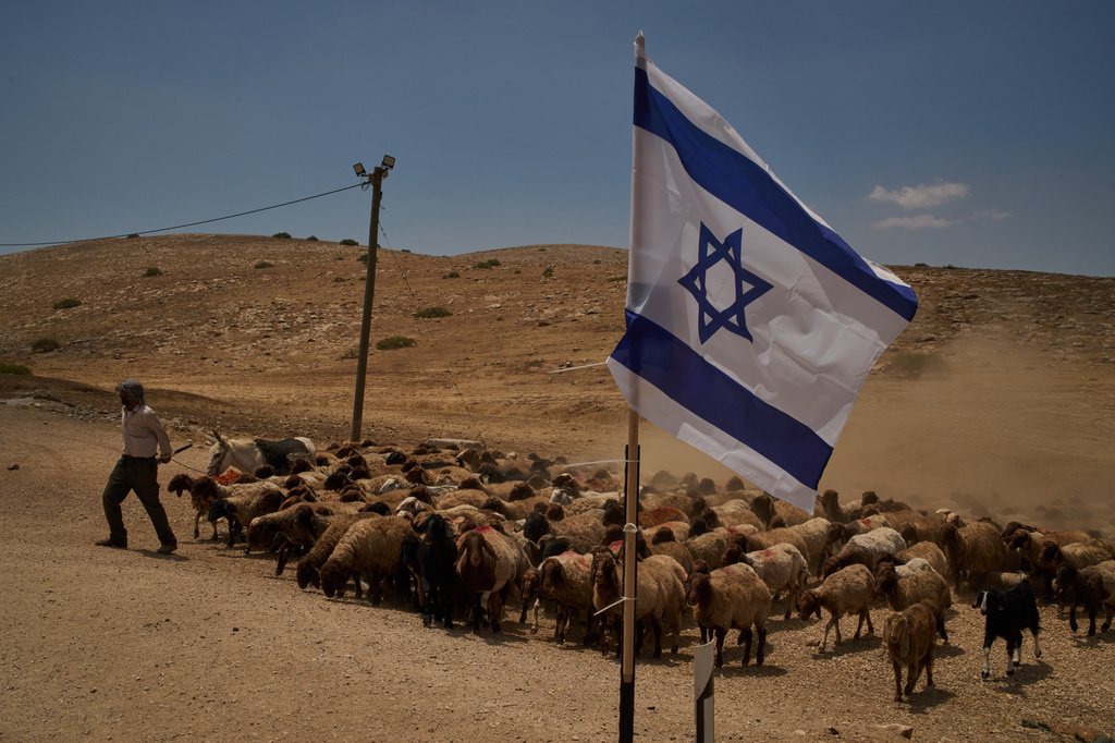 Palestinian shepherd Thiab Draghme leads his flock of sheep and goats past an Israeli flag placed on a road in the northern Jordan Valley of the occupied West Bank, Tuesday, June 23, 2026. (AP Photo/Leo Correa)