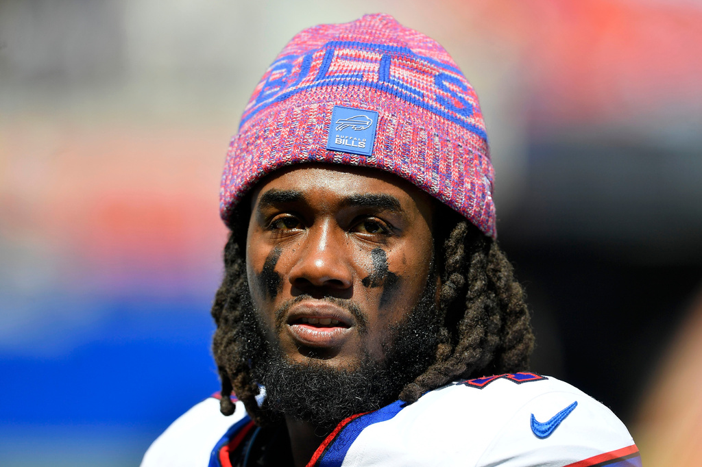 Buffalo Bills running back James Cook III stands on the sideline during the first half of a preseason NFL football game against the Carolina Panthers, Saturday, Aug. 15, 2026, in Orchard Park, N.Y. (AP Photo/Adrian Kraus)
