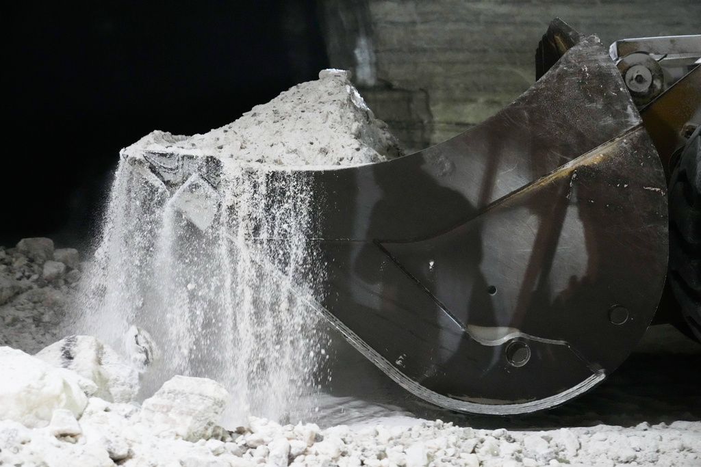 The salt, formed 440 million years ago, is mucked up and loaded onto a conveyor belt 1,800 feet below the surface of Lake Erie, in Cleveland, Ohio, Thursday, March 19, 2026. (AP Photo/Sue Ogrocki)